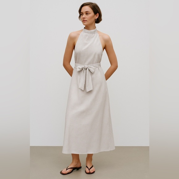 Elegant Beige Gingham Halter Dress-Missing labeling - Picture 1 of 3